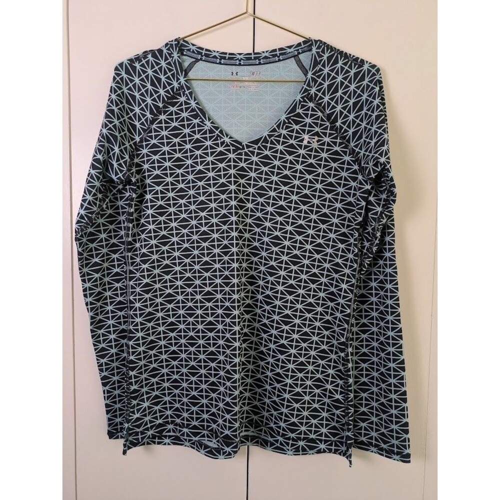 Under Armour Womens Size Small Blue/Black Geometric Long Sleeve V-Neck Fitted